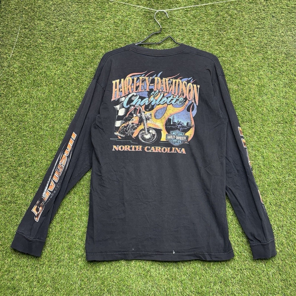 Harley Davidson Shirt Mens Large Motorcycle Long Sleeve Flames Distressed y2k